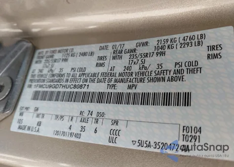 2017 Ford Escape Se из США, поврежденный, VIN 1FMCU9GD7HUC80871